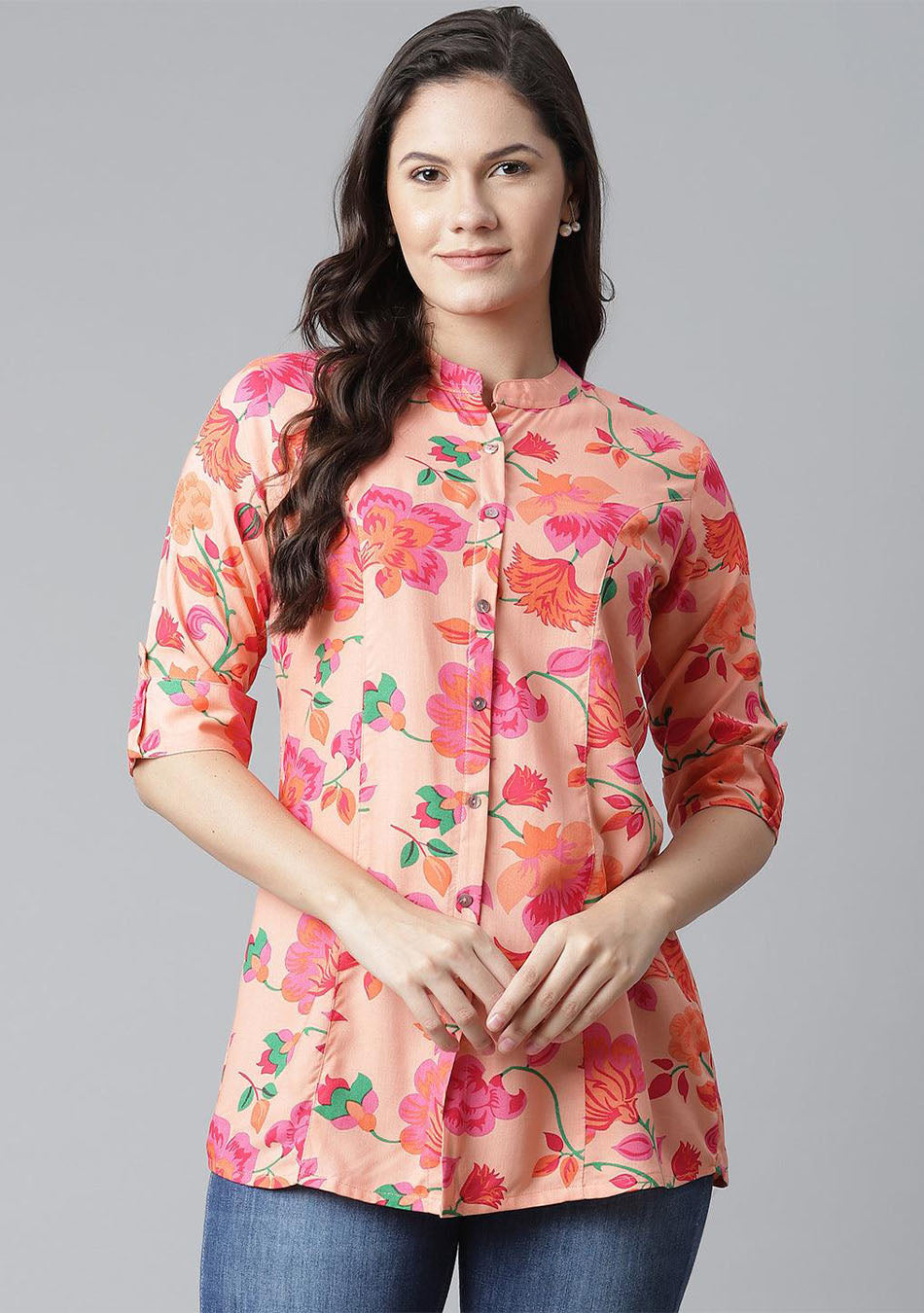 Peach Floral Rayon Shirt-Style A-Line Top