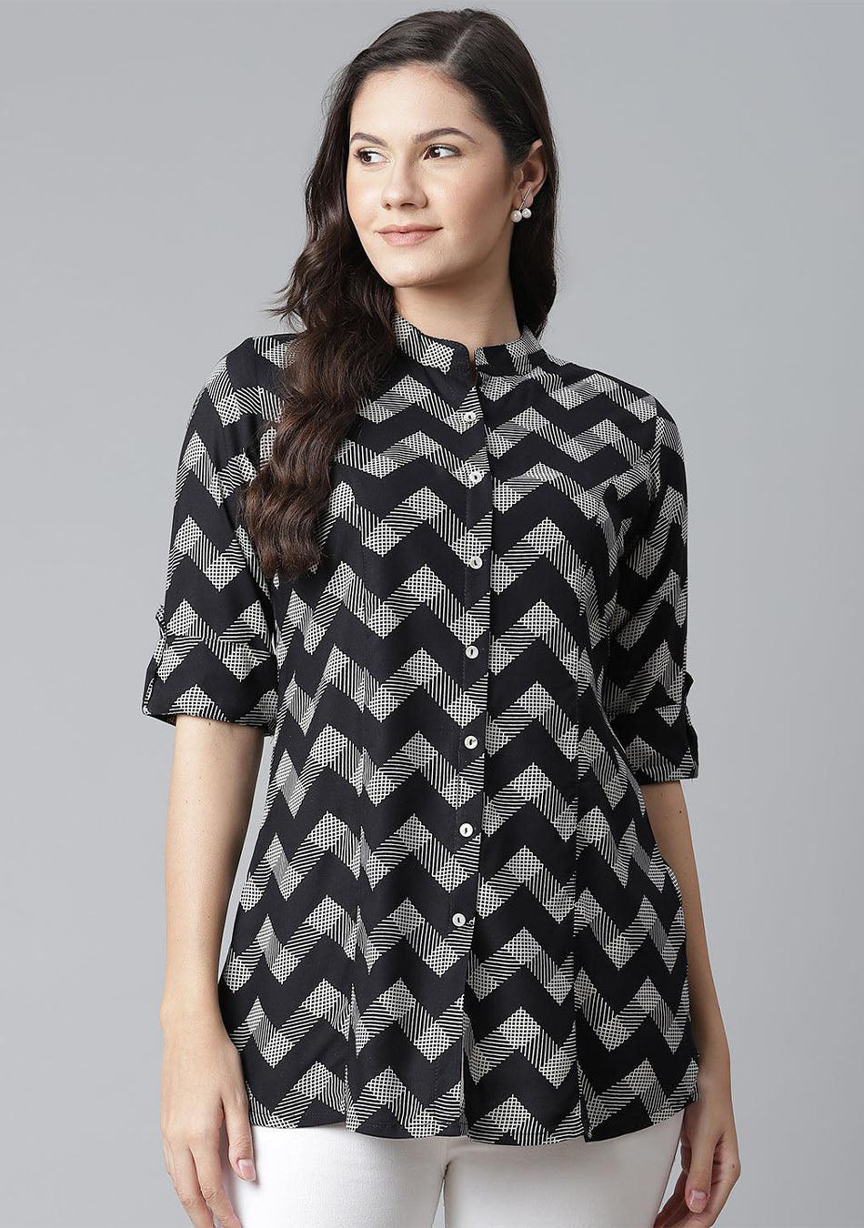 Black Rayon Zigzag Print Shirts Style Top