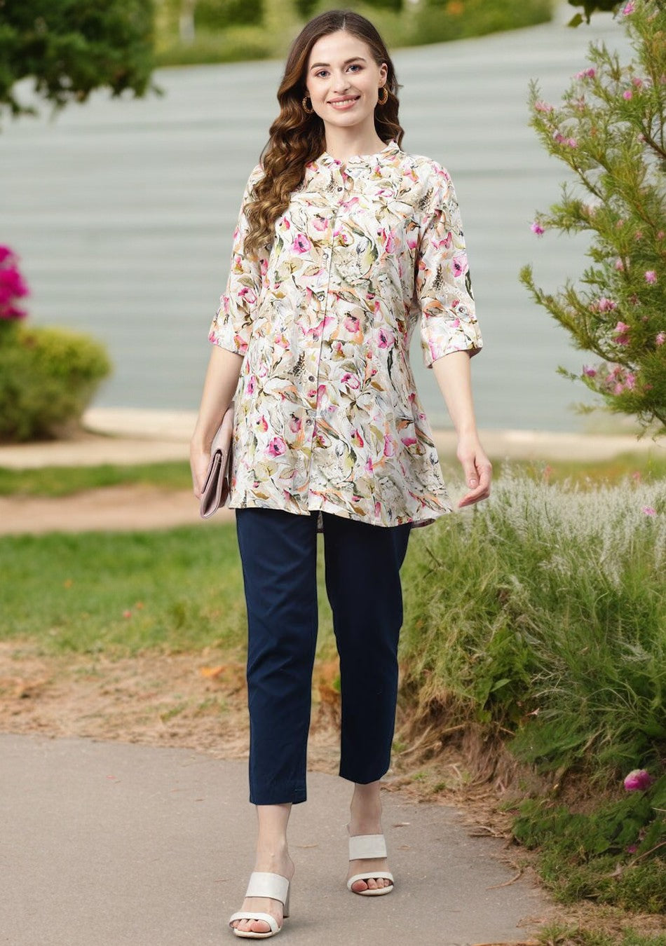 Multi Floral Rayon Shirt Style A-Line Top