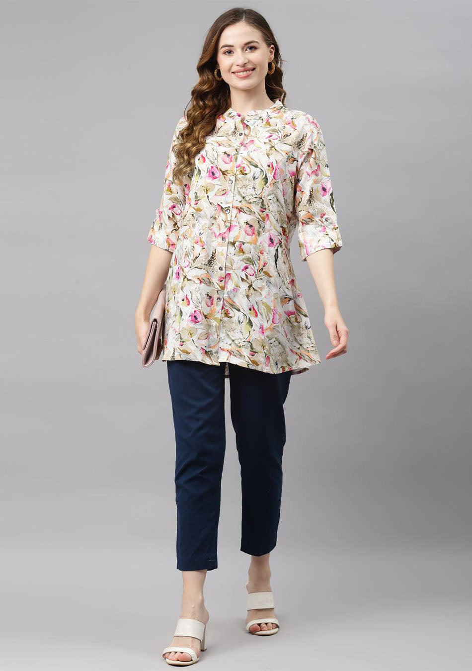 Multi Floral Rayon Shirt Style A-Line Top