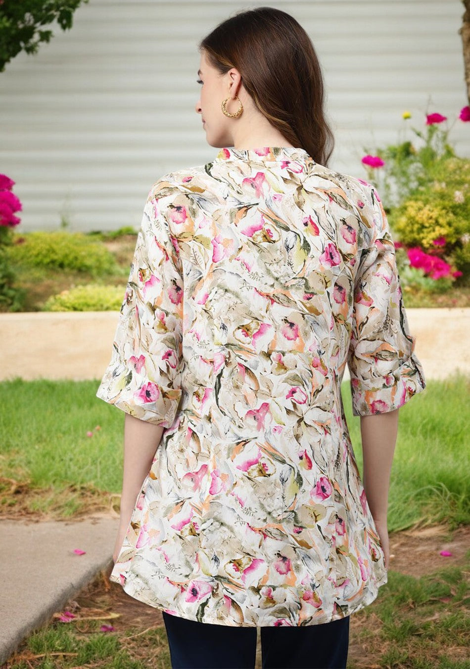 Multi Floral Rayon Shirt Style A-Line Top