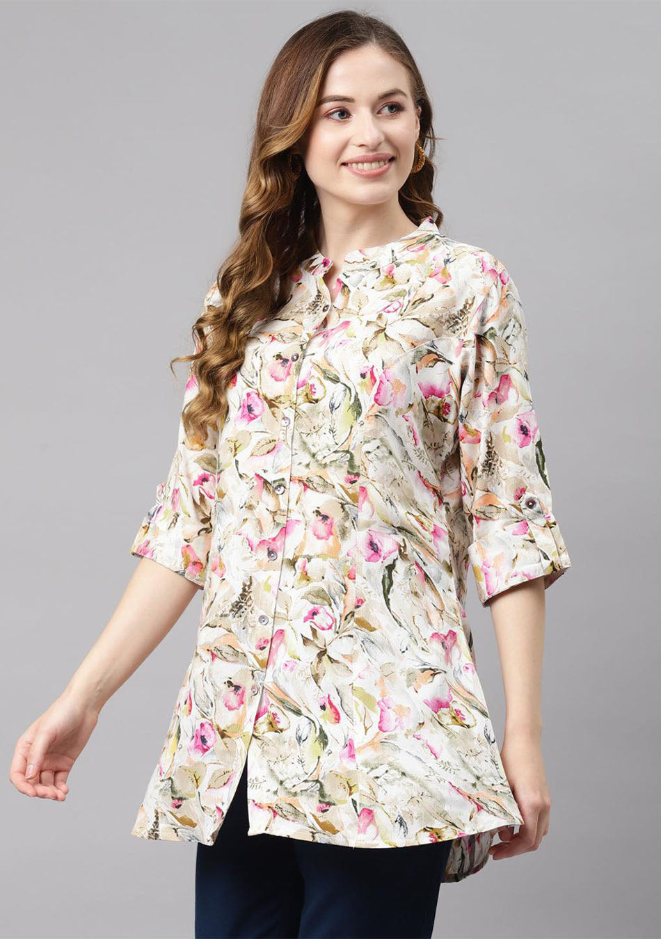 Multi Floral Rayon Shirt Style A-Line Top