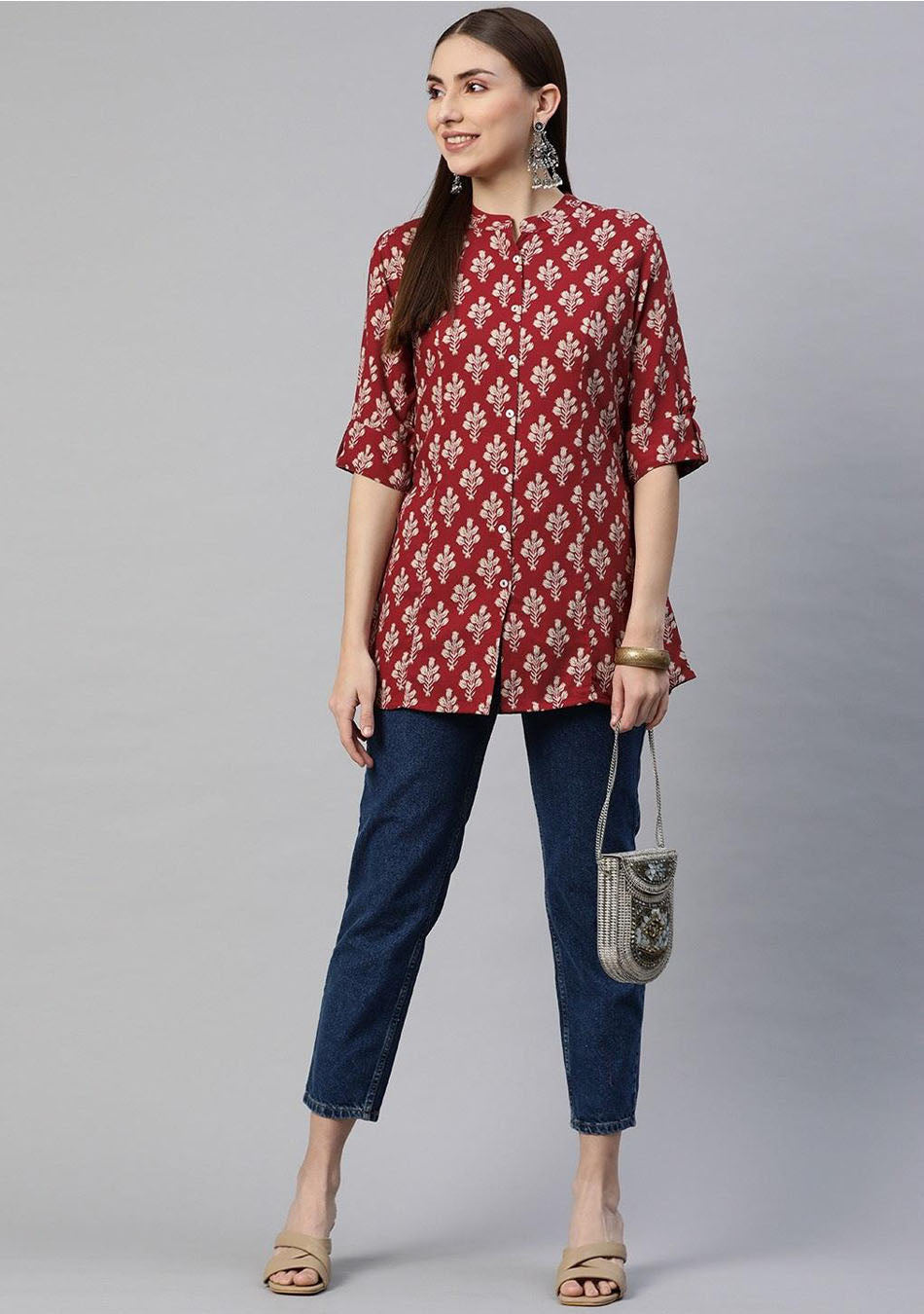 Dark Maroon Floral Rayon A-line Shirts Style Top