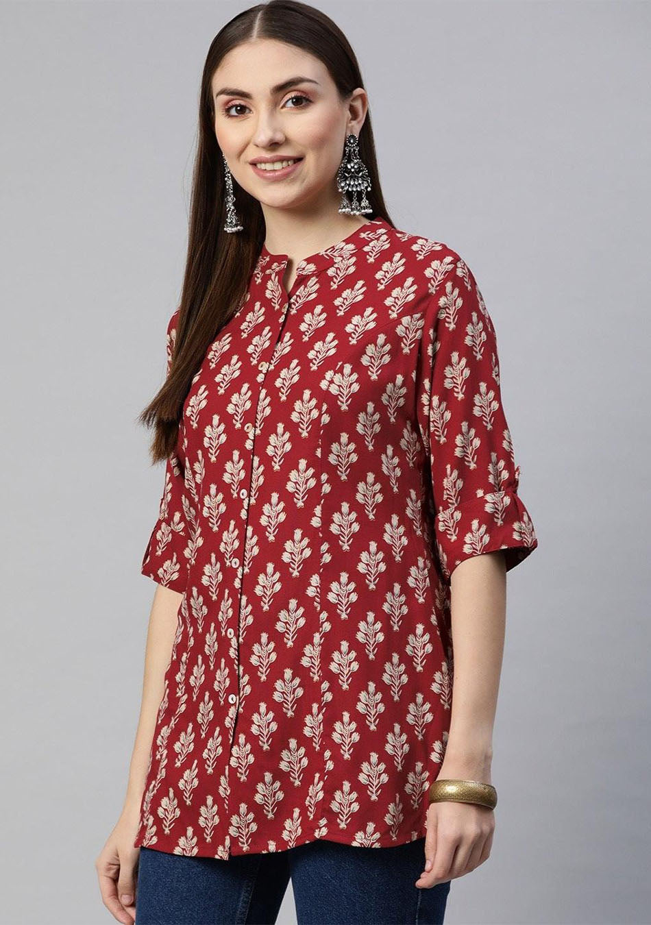 Dark Maroon Floral Rayon A-line Shirts Style Top