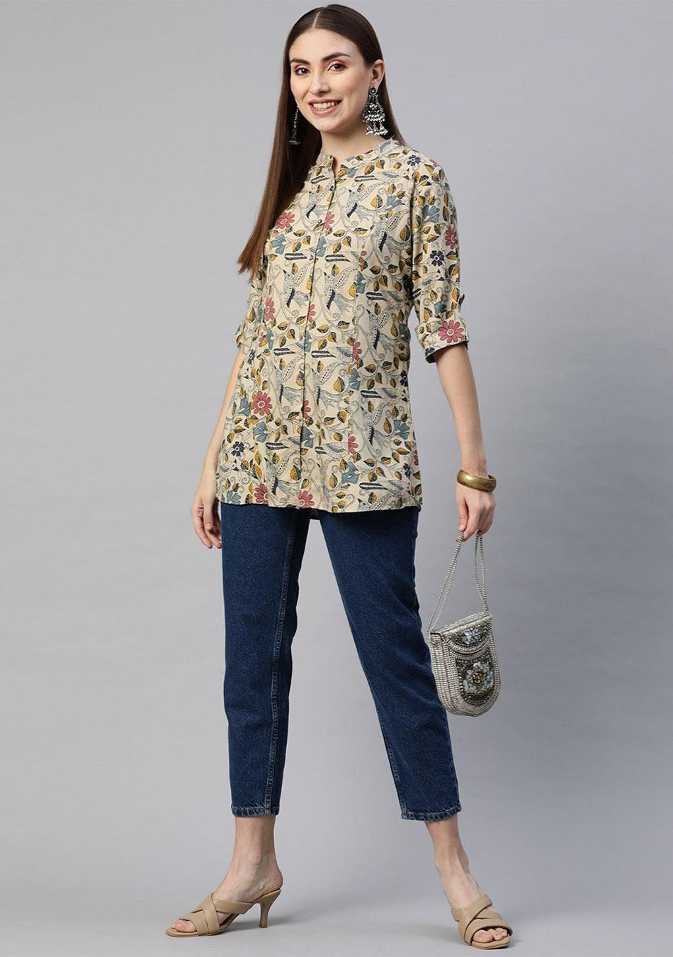Multi-Floral Beige Rayon A-Line Shirt-Style Top