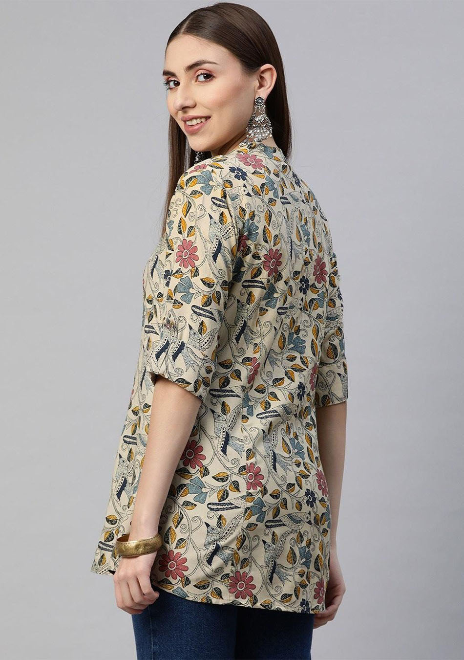 Multi-Floral Beige Rayon A-Line Shirt-Style Top