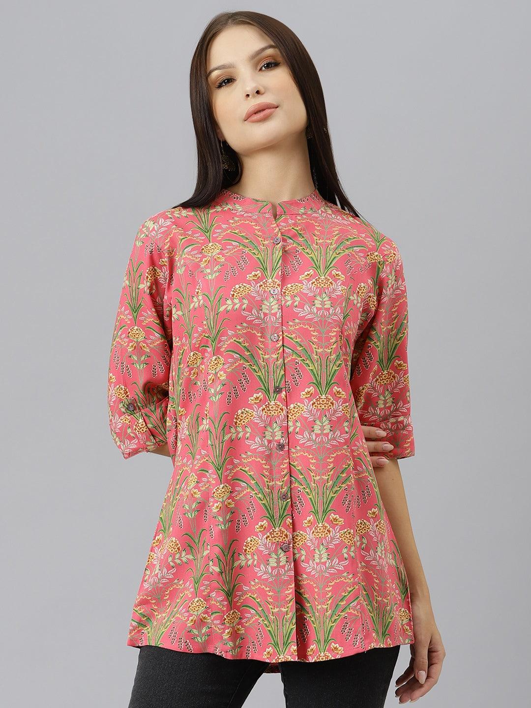 Dark Pink Floral Rayon A-line Shirts Style Top