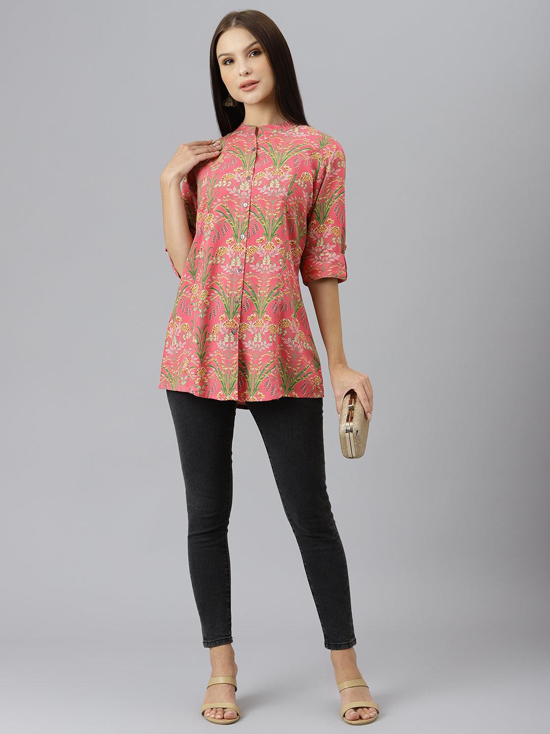 Dark Pink Floral Rayon A-line Shirts Style Top