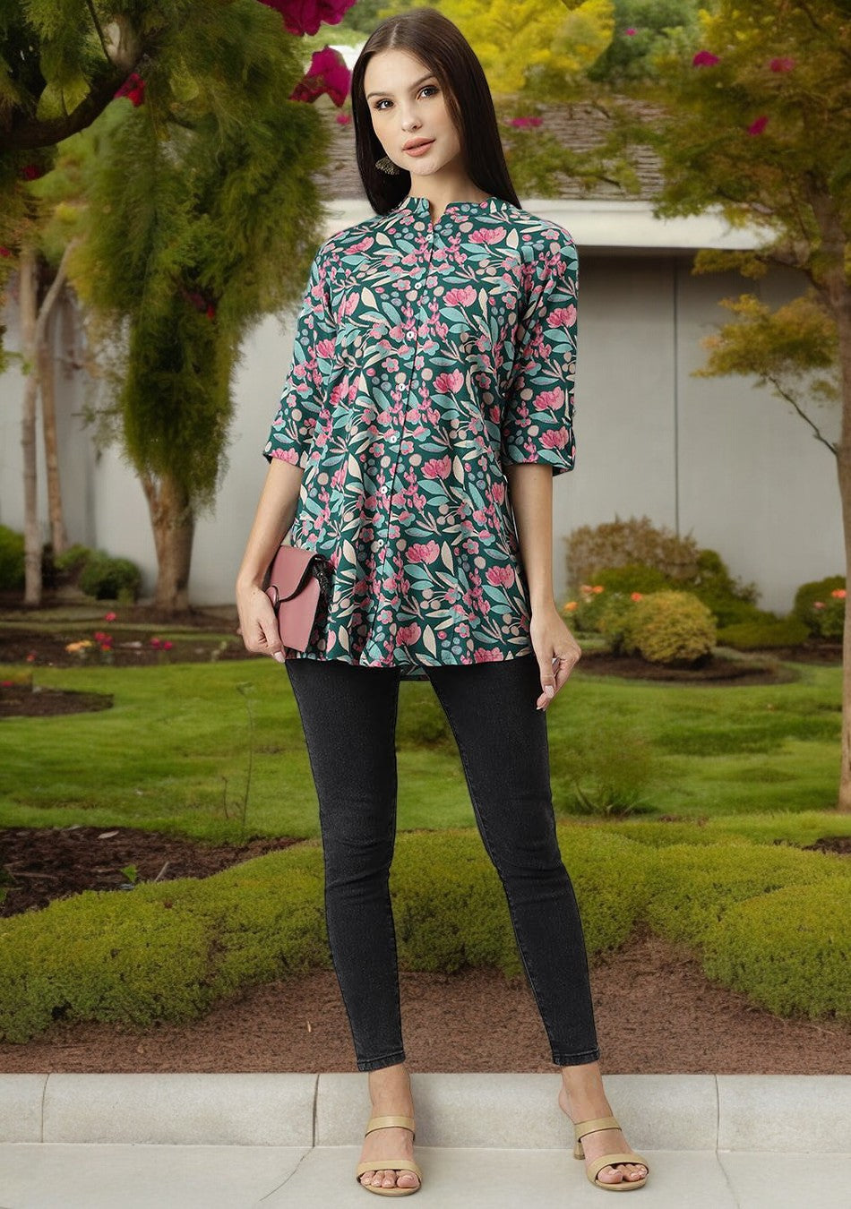 Dark Green Floral Rayon A-line Shirts Style Top