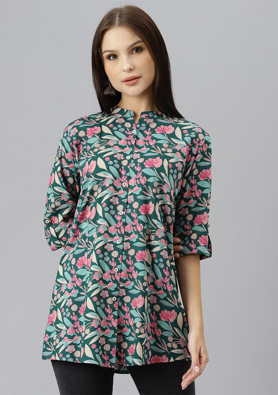 Dark Green Floral Rayon A-line Shirts Style Top