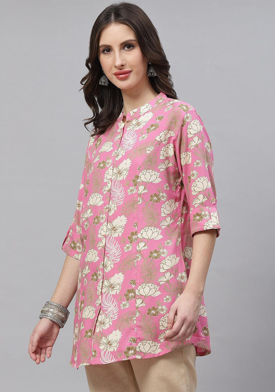 Light Pink Floral Rayon A-line Top