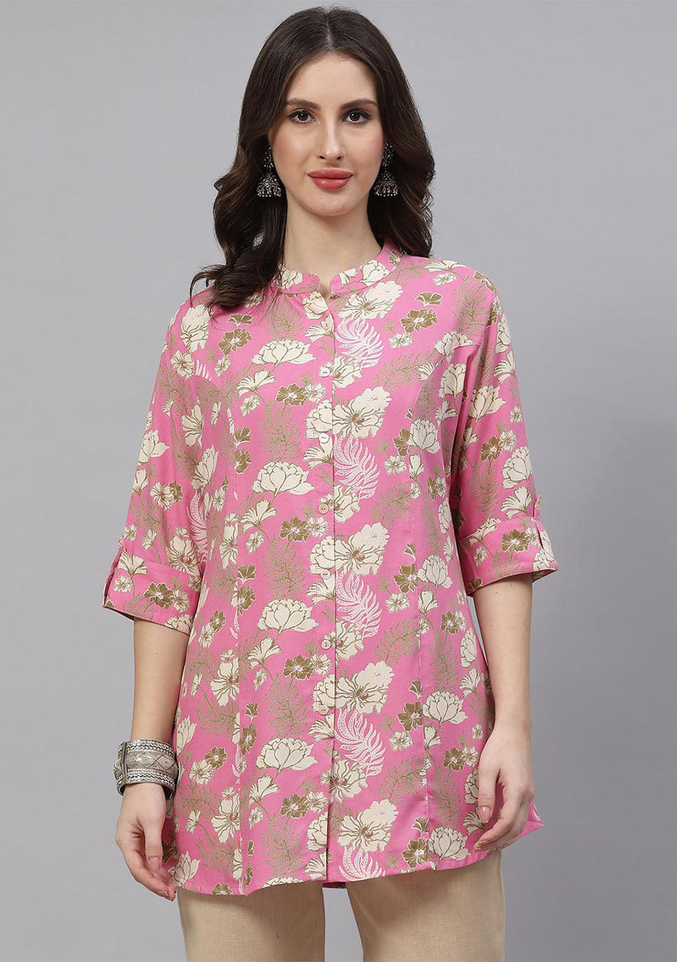 Light Pink Floral Rayon A-line Top