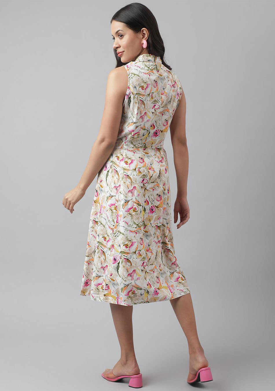 Rayon Cream A-Line Floral Printed Midi Dress