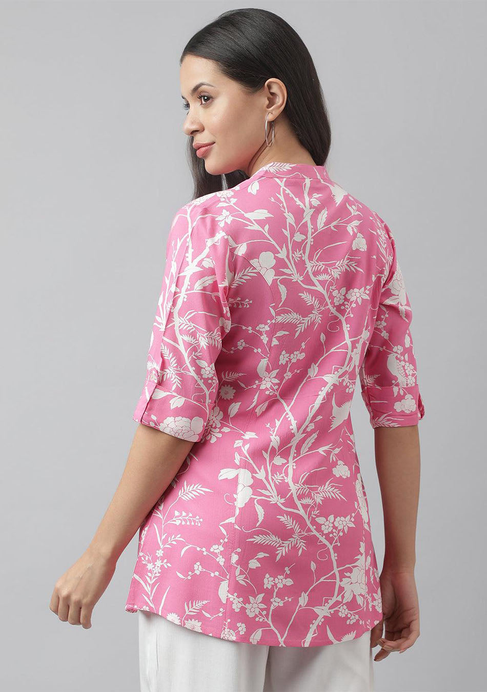 Light Pink Floral Printed Rayon A-line Shirt Style Top