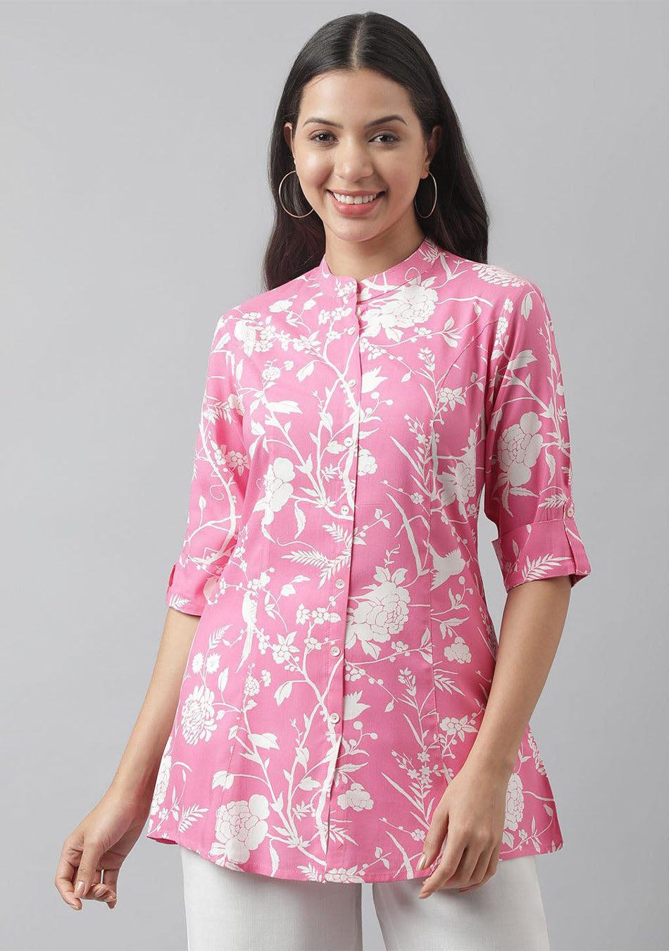 Light Pink Floral Printed Rayon A-line Shirt Style Top