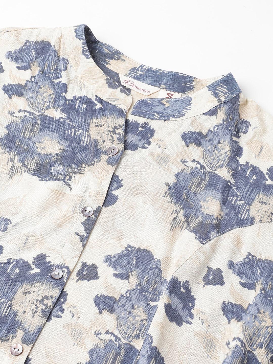 Cream Floral Printed Rayon A-line Shirt Style Top