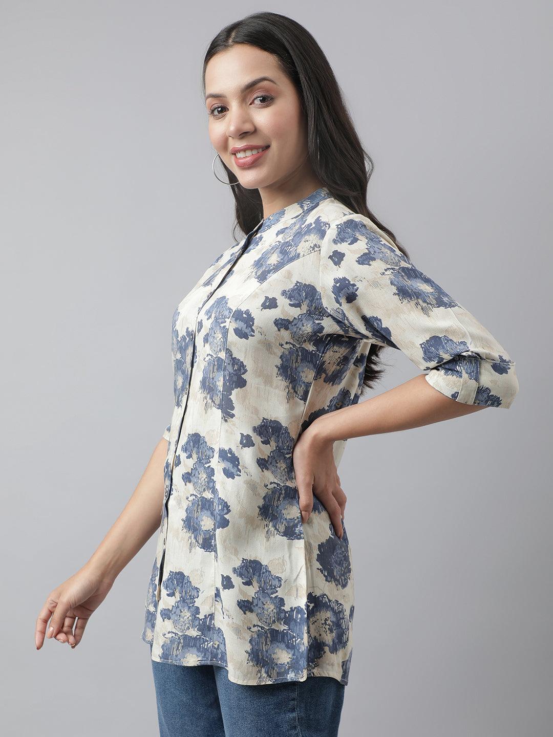 Cream Floral Printed Rayon A-line Shirt Style Top