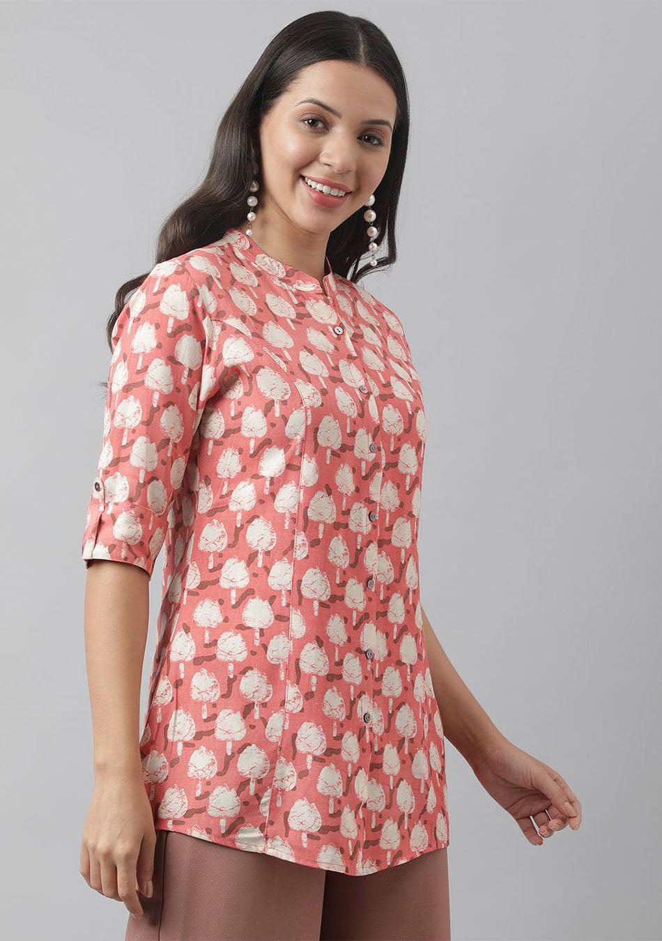 Peach Floral Printed Rayon A-line Shirt Style Top