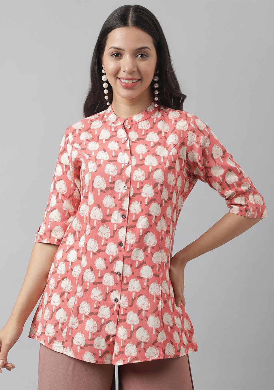 Peach Floral Printed Rayon A-line Shirt Style Top