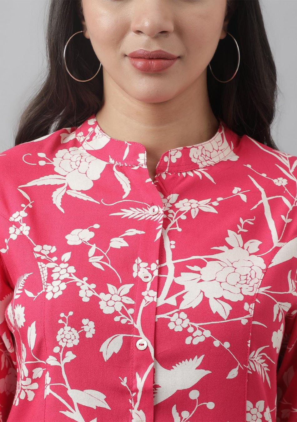 Hot Pink Floral Printed Rayon A-line Shirt Style Top