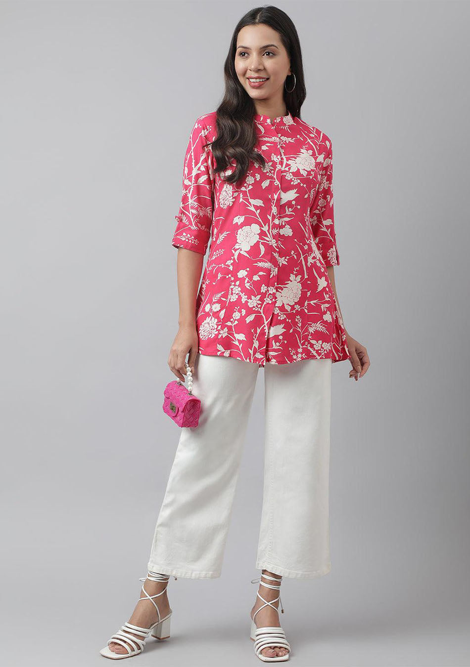 Hot Pink Floral Printed Rayon A-line Shirt Style Top