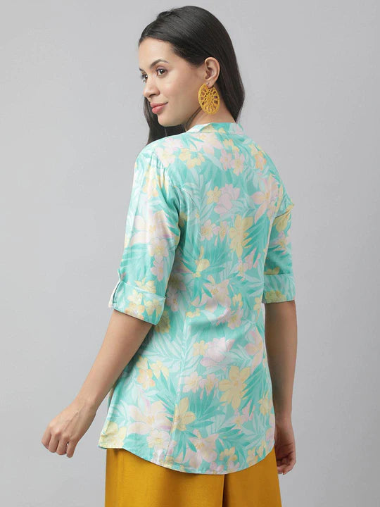 Sea Green Floral Printed Rayon A-line Shirt Style Top