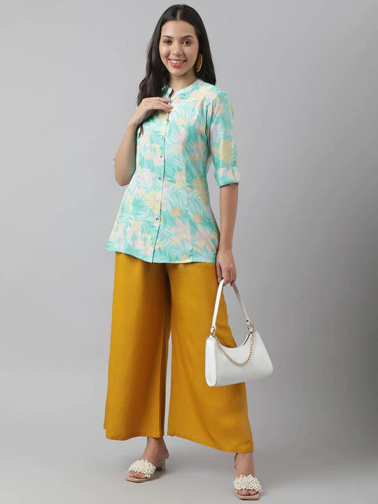 Sea Green Floral Printed Rayon A-line Shirt Style Top