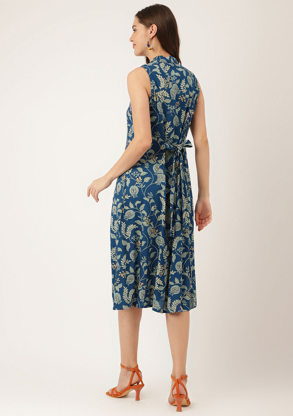 Royal Blue Floral Printed Rayon A-Line Midi Dress with Attached Sleeves