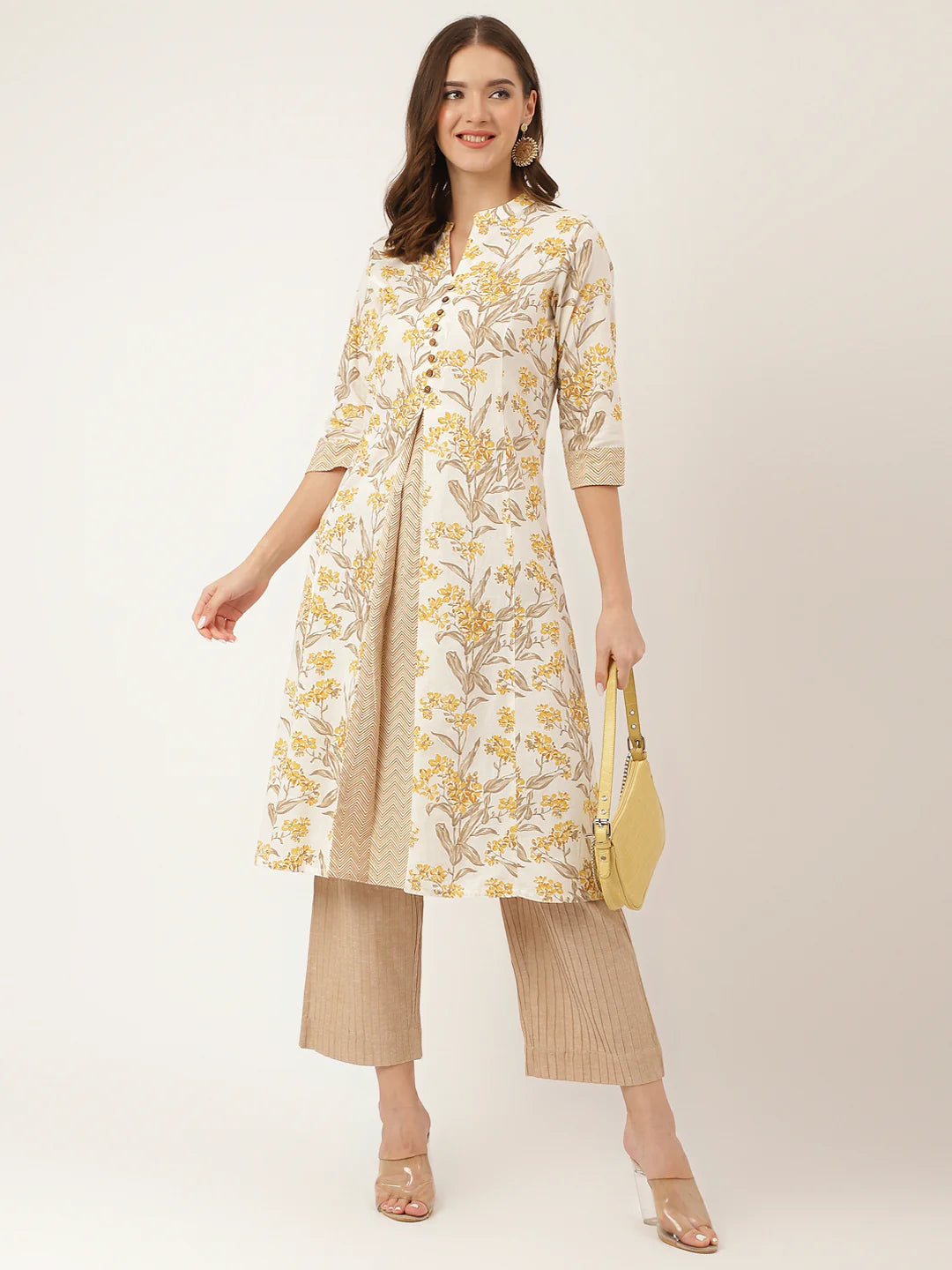 Yellow Floral Print Cotton A-Line kurta