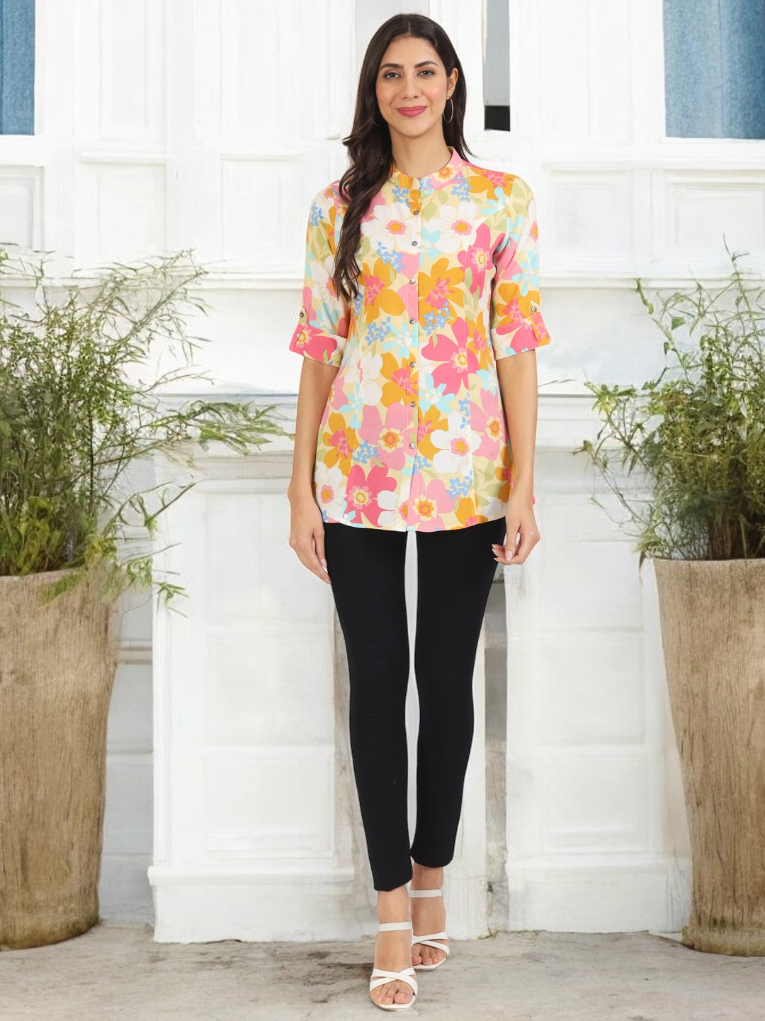 Yellow Floral Printed Fold Sleeve Rayon Top
