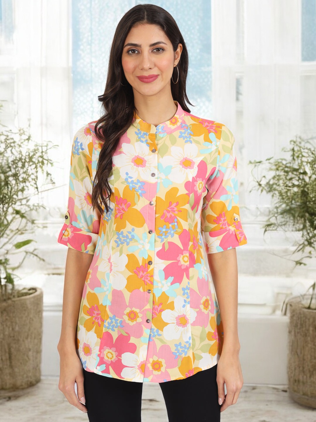 Yellow Floral Printed Fold Sleeve Rayon Top
