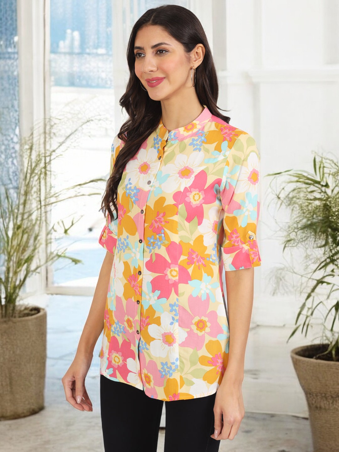 Yellow Floral Printed Fold Sleeve Rayon Top