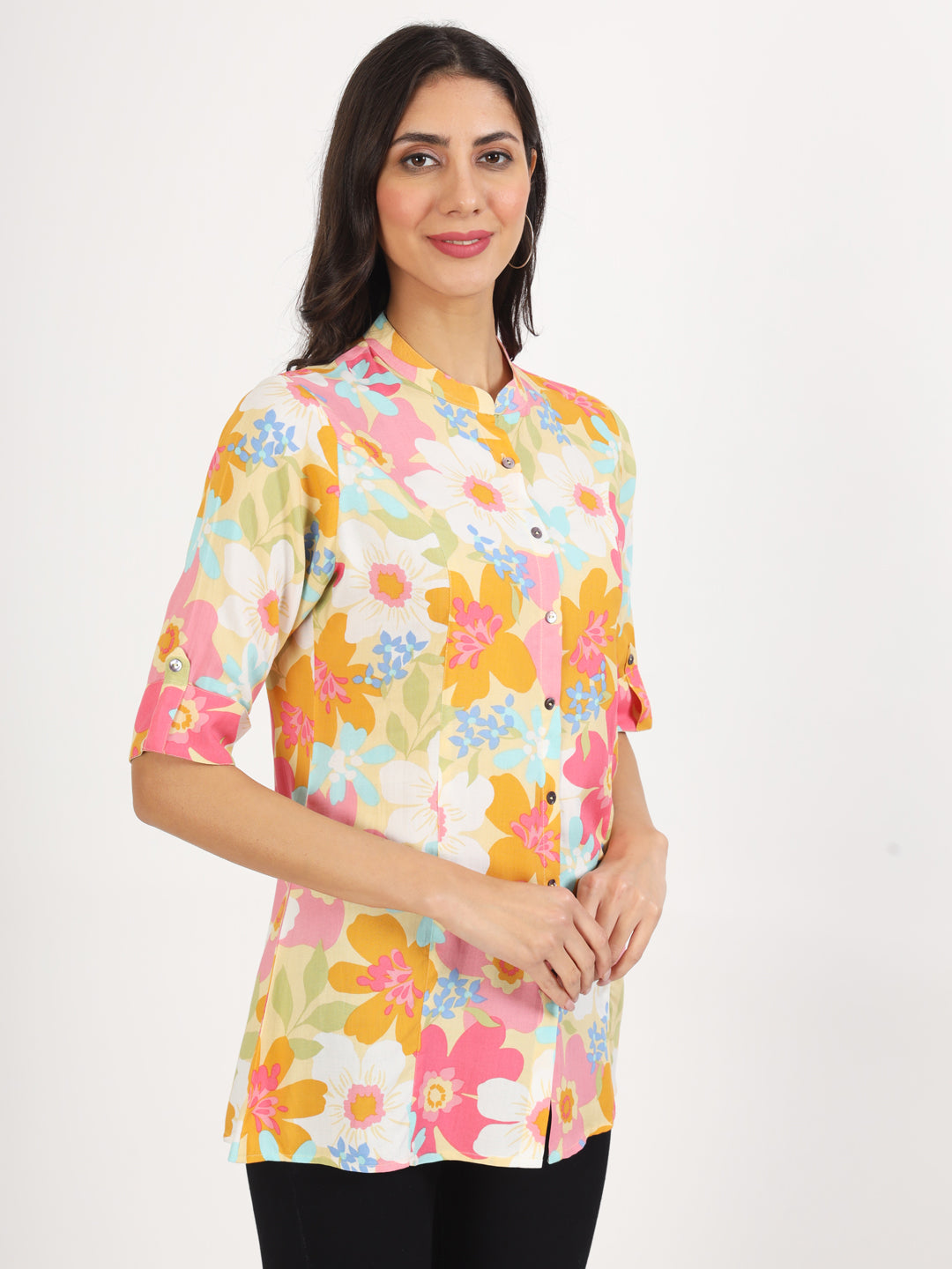 Yellow Floral Printed Fold Sleeve Rayon Top