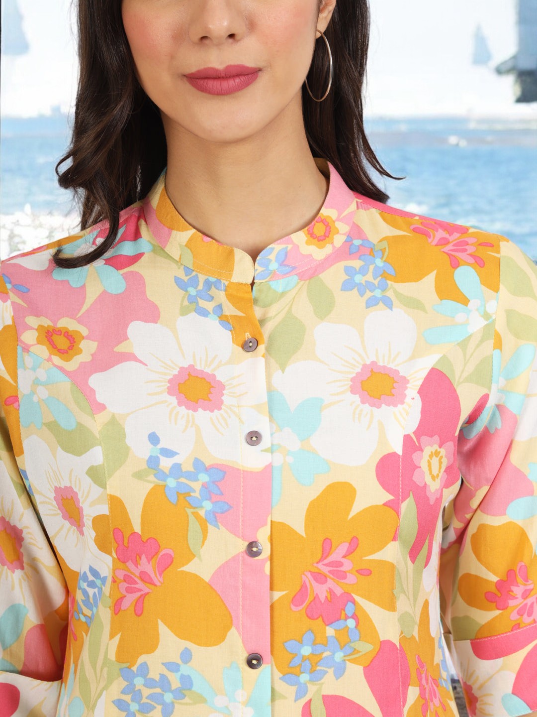 Yellow Floral Printed Fold Sleeve Rayon Top