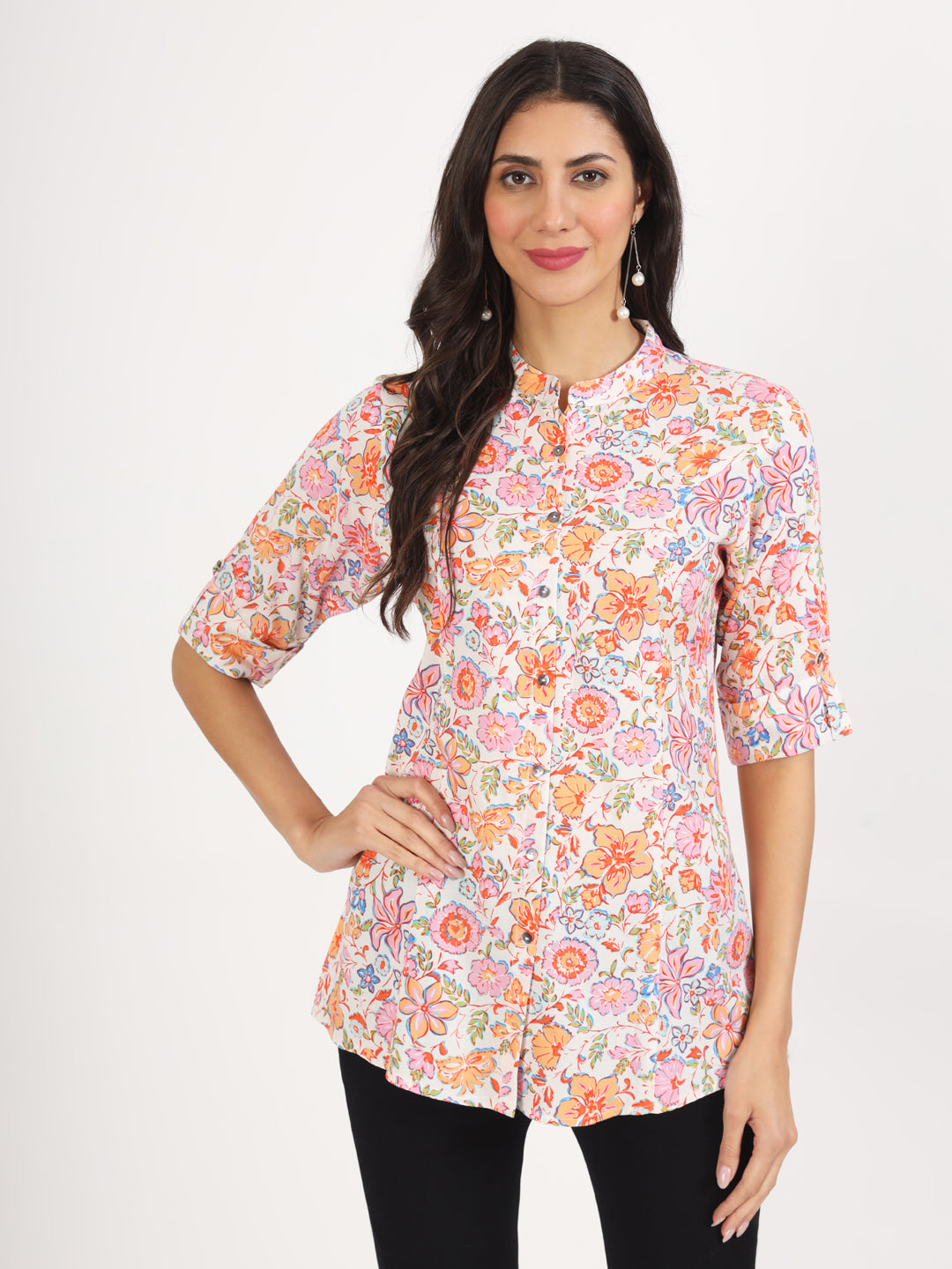 White Pink Floral Printed Rayon Top