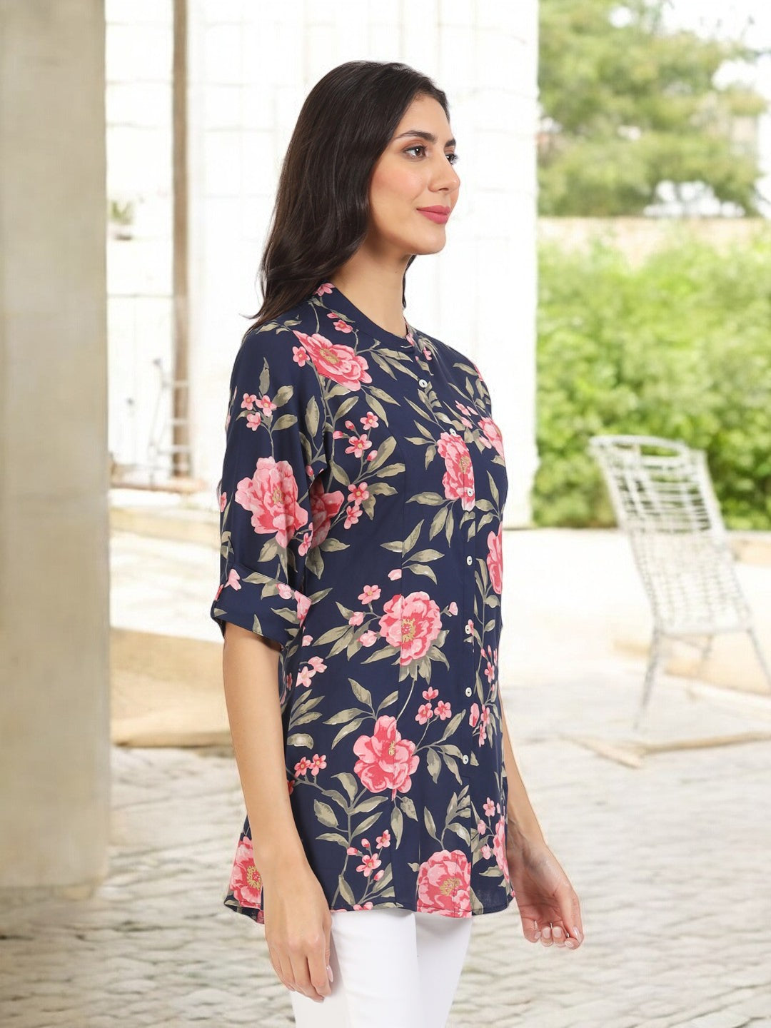 Navy Blue Floral Printed Rayon Top