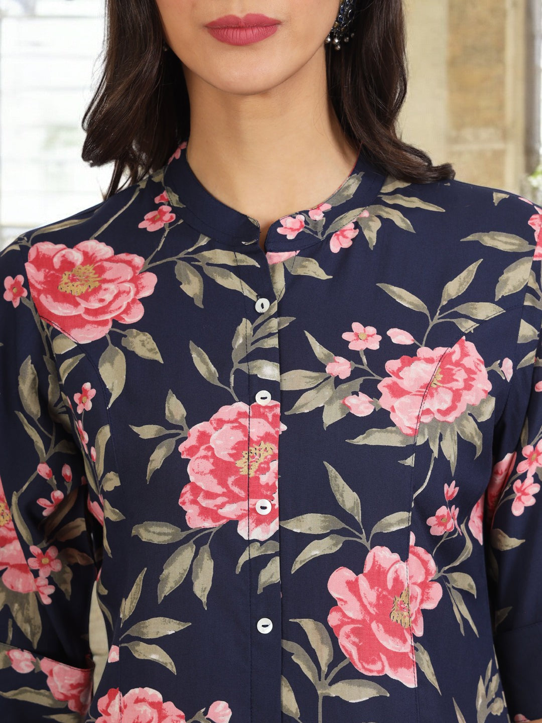 Navy Blue Floral Printed Rayon Top