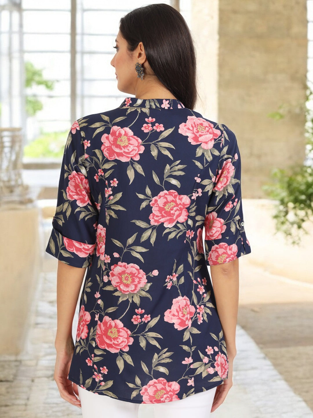 Navy Blue Floral Printed Rayon Top