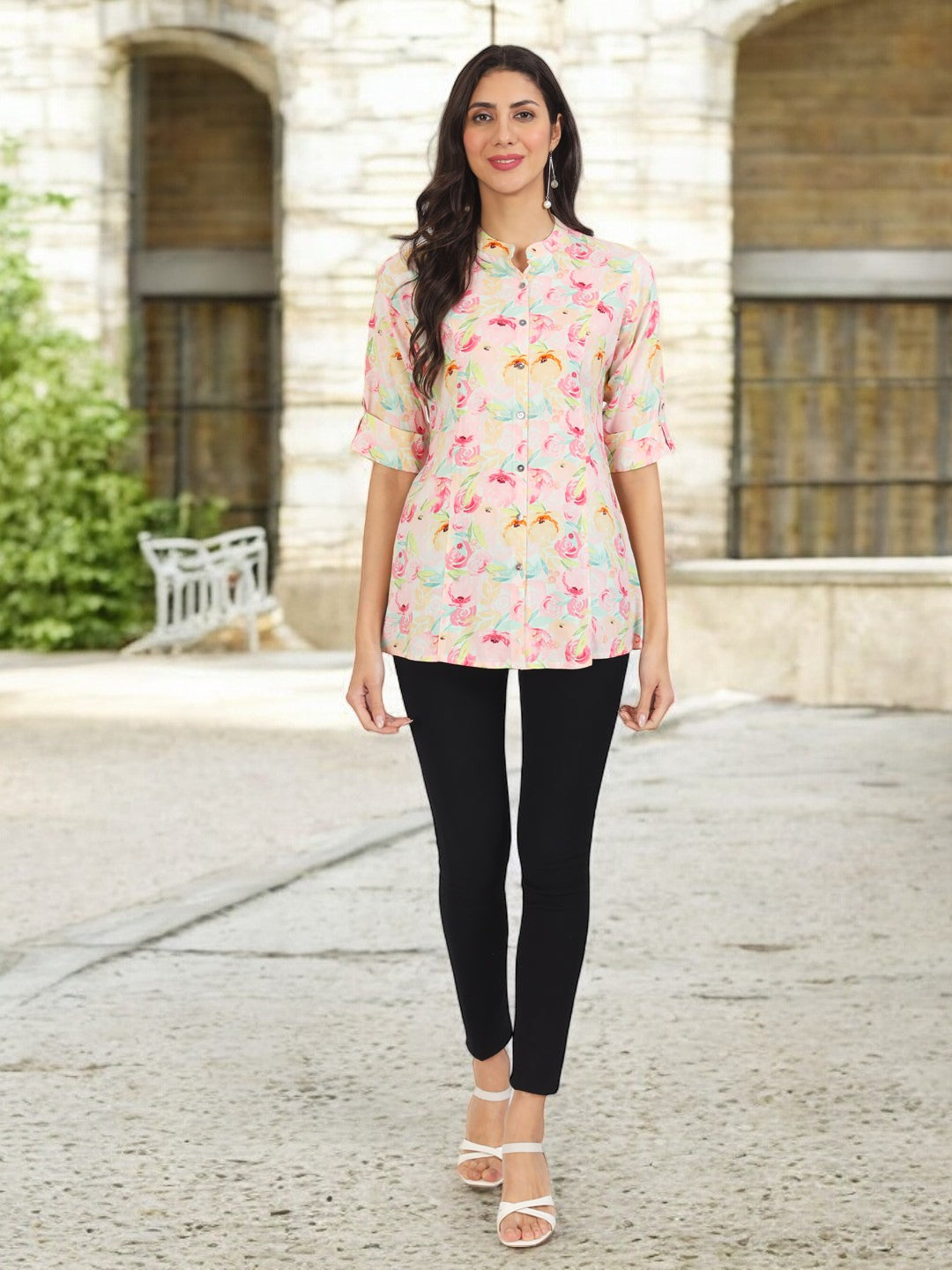 Green Floral Printed Rayon Top