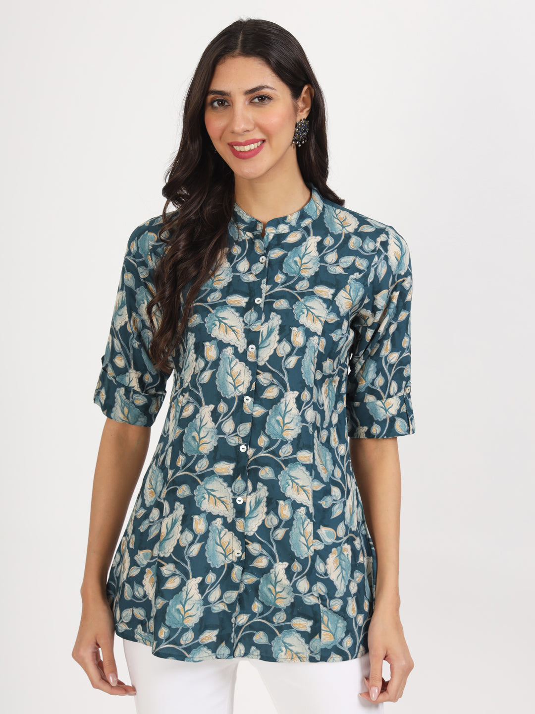 Bottle Green Floral Printed Rayon Top