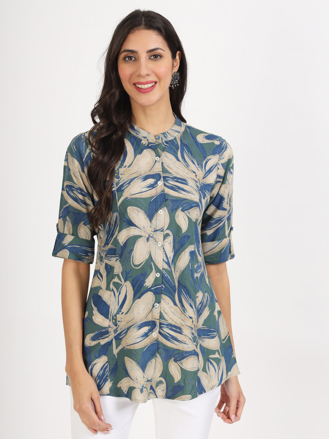 Green Blue Floral Printed Rayon Top