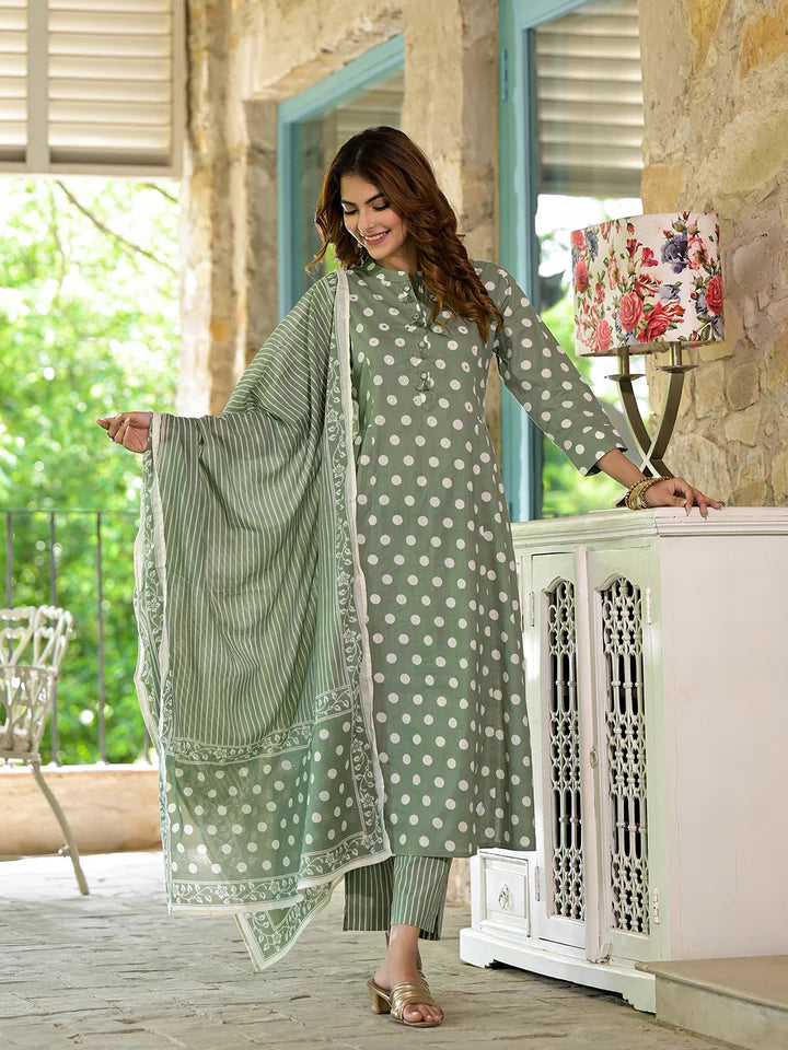 Green Printed Flared cotton Kurta Pant Dupatta Set
