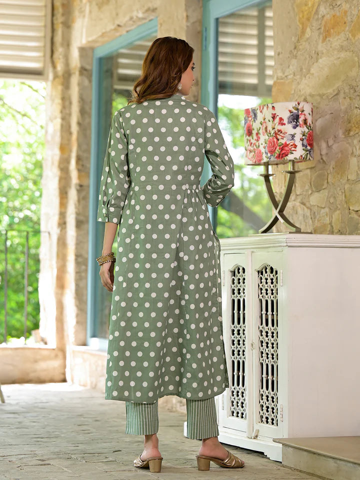 Green Printed Flared cotton Kurta Pant Dupatta Set