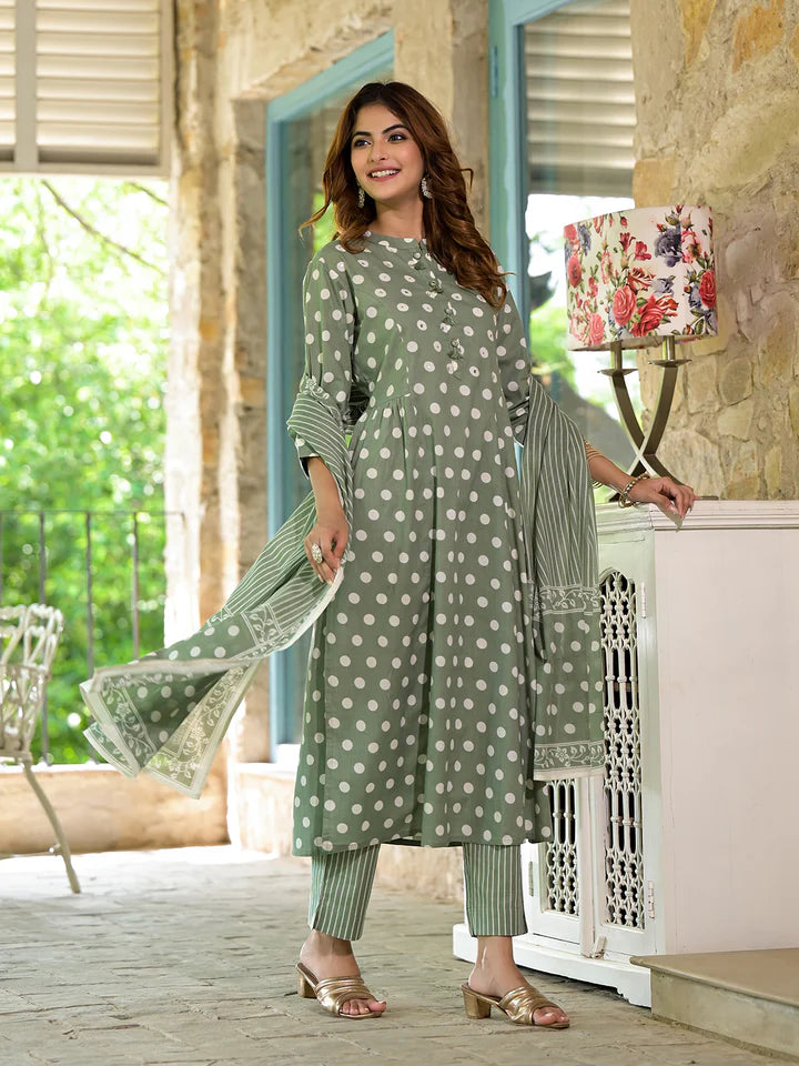 Green Printed Flared cotton Kurta Pant Dupatta Set