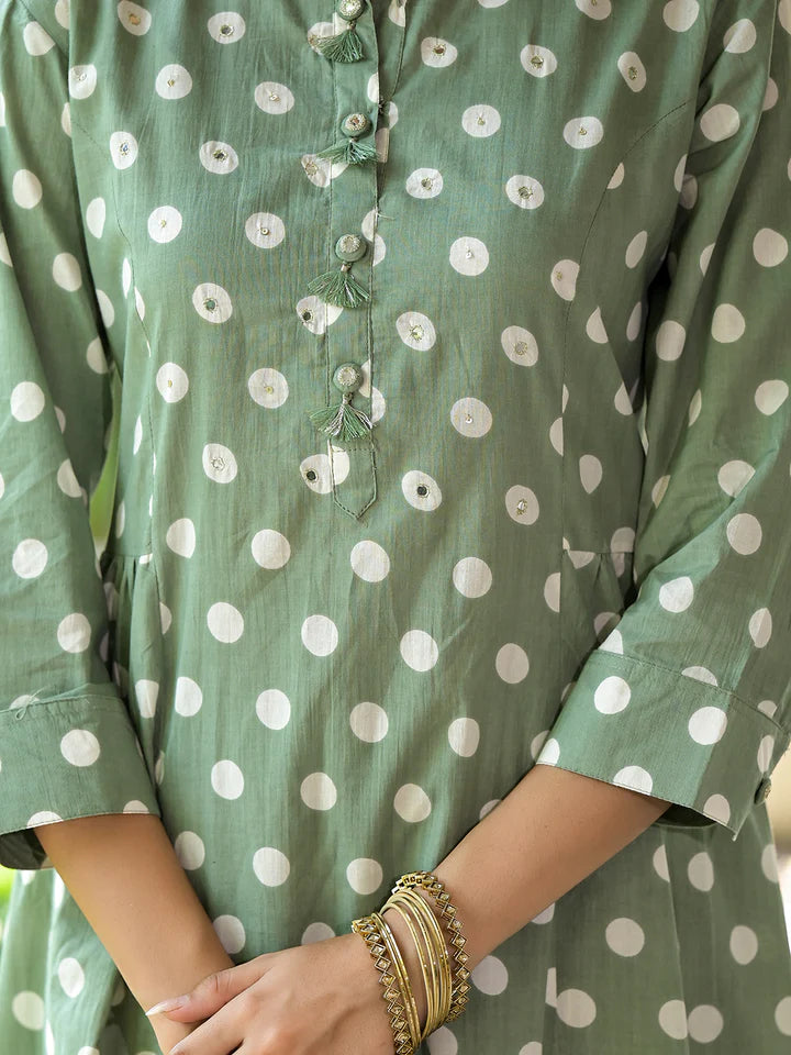 Green Printed Flared cotton Kurta Pant Dupatta Set