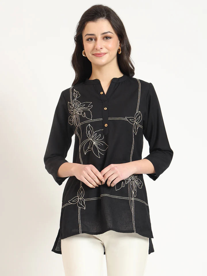 Black Embroidery Cotton Fabric Satraight Top