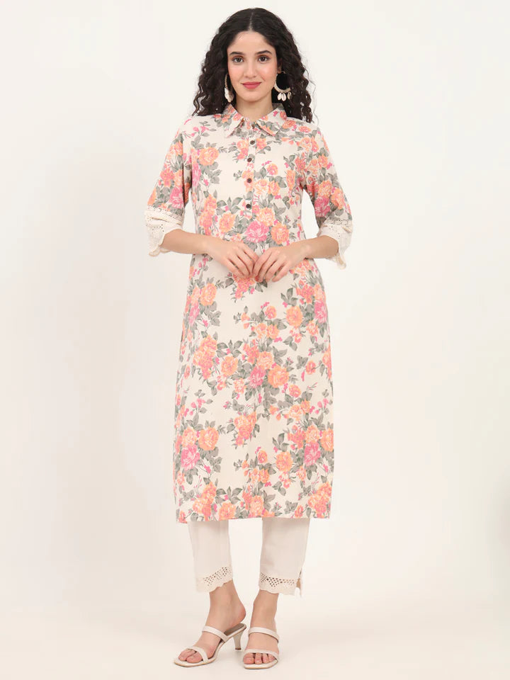 Pink Floral Printed Cotton Kurta