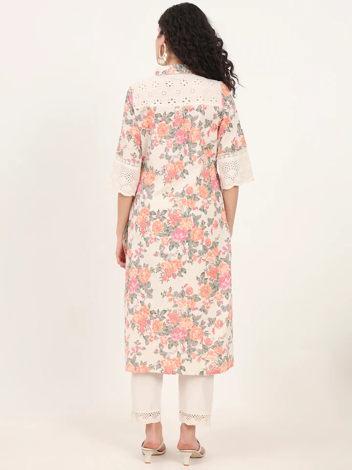 Pink Floral Printed Cotton Kurta