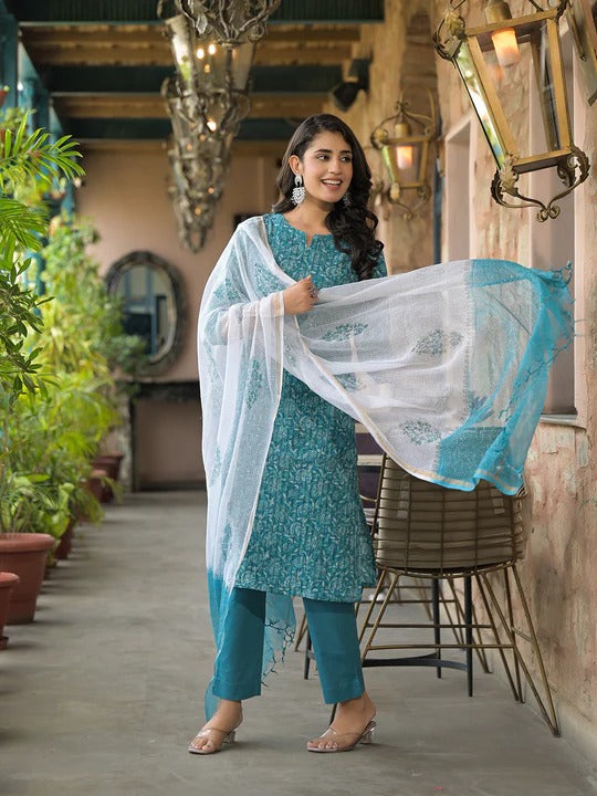 Teal Blue floral Kurta Pant Set
