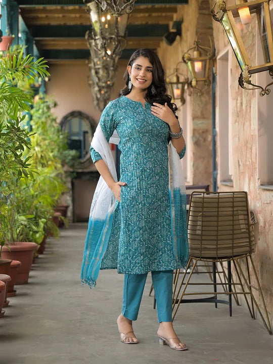 Teal Blue floral Kurta Pant Set